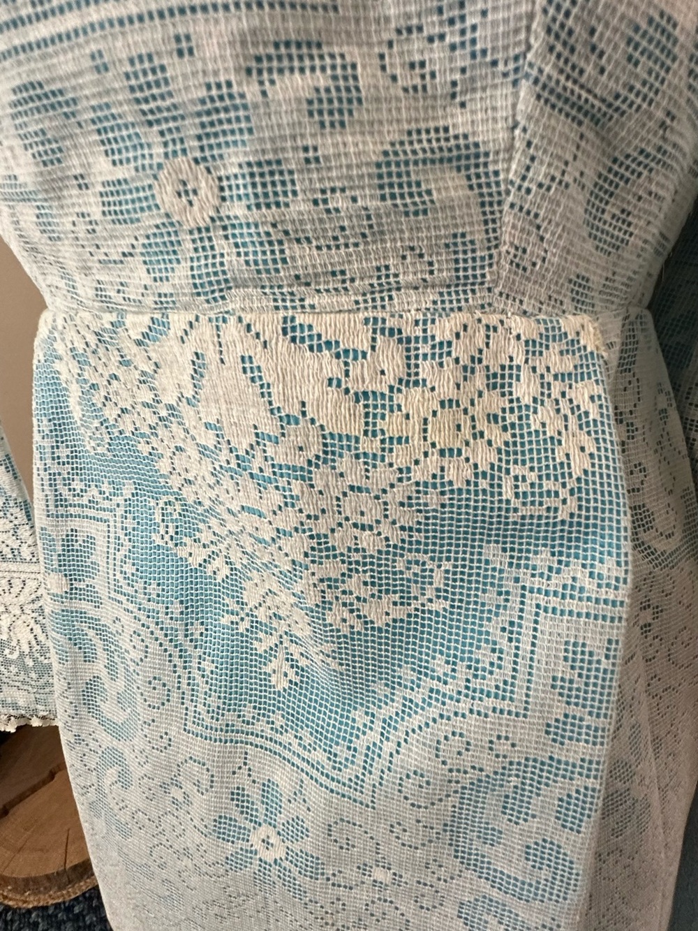 Vintage Style Tea Gown Turquoise White Lace Overlay & Faux Pearl Buttons - Picture 9 of 16